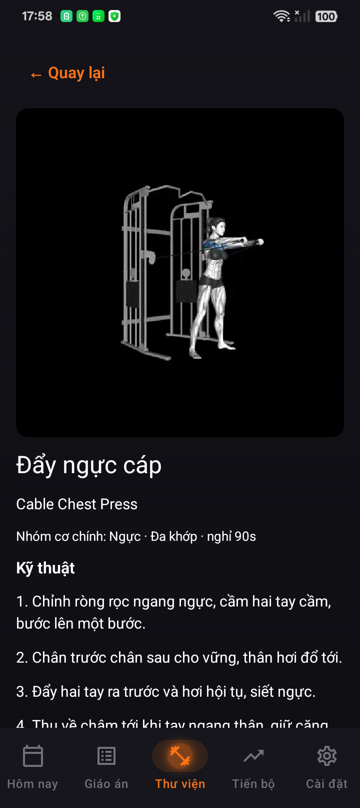 Chi tiết bài Đẩy ngực cáp: ảnh minh hoạ động tác và hướng dẫn kỹ thuật tiếng Việt